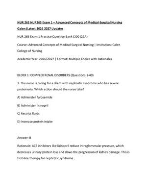 Preview of NUR 265 NUR265 Exam 1 – Advanced Concepts of Medical-Surgical Nursing Galen (Latest 2026 2