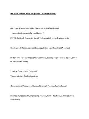 Preview of IEB exam focused notes for grade 12 Business Studies