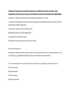Preview of California Commercial Vehicle Inspector Certification Exam Practice Test Questions And Cor