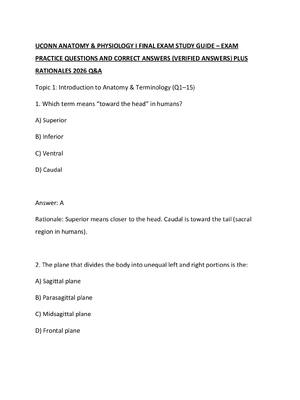 Preview of UCONN ANATOMY & PHYSIOLOGY I FINAL EXAM STUDY GUIDE – EXAM PRACTICE QUESTIONS AND CORRECT