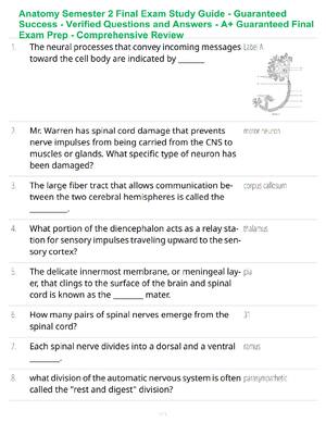 Preview of Anatomy Semester 2 Final Exam Study Guide - Guaranteed Success - Verified Questions and An