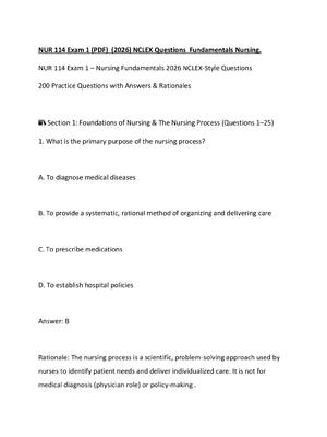 Preview of NUR 114 Exam 1 (PDF)  (2026) NCLEX Questions  Fundamentals Nursing.