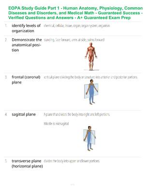 Preview of EOPA Study Guide Part 1 - Human Anatomy, Physiology, Common Diseases and Disorders, and Medical Math - Guaranteed Success - Verified Questions and Answers - A+ Guaranteed Exam Prep