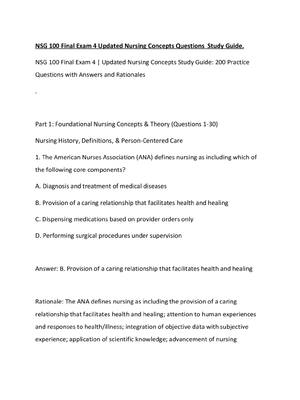 Preview of NSG 100 Final Exam 4 Updated Nursing Concepts Questions  Study Guide