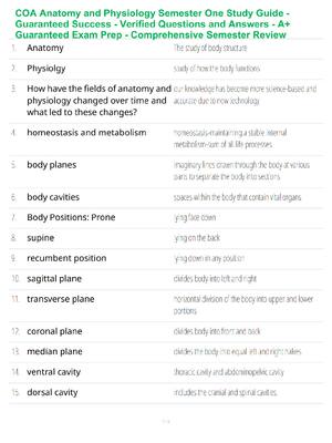 Preview of COA Anatomy and Physiology Semester One Study Guide - Guaranteed Success - Verified Questions and Answers - A+ Guaranteed Exam Prep - Comprehensive Semester Review