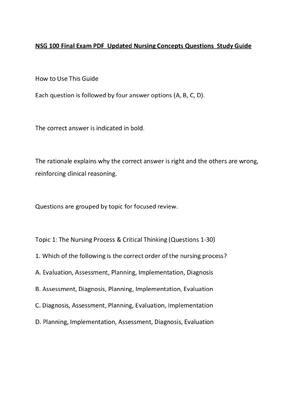 Preview of NSG 100 Final Exam PDF  Updated Nursing Concepts Questions  Study Guide