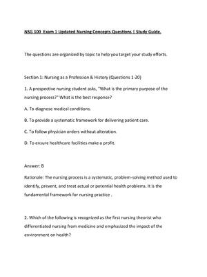 Preview of NSG 100  Exam 1 Updated Nursing Concepts Questions  Study Guide.