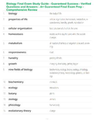 Preview of Biology Final Exam Study Guide - Guaranteed Success - Verified Questions and Answers - A+
