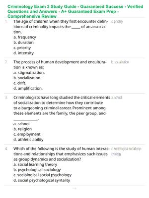 Preview of Criminology Exam 3 Study Guide - Guaranteed Success - Verified Questions and Answers - A+