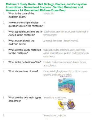 Preview of Midterm 1 Study Guide - Cell Biology, Biomes, and Ecosystem Interactions - Guaranteed Succ