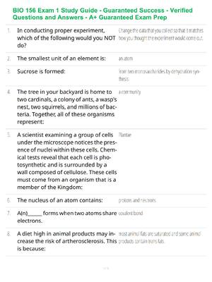 Preview of BIO 156 Exam 1 Study Guide - Guaranteed Success - Verified Questions and Answers - A+ Guar