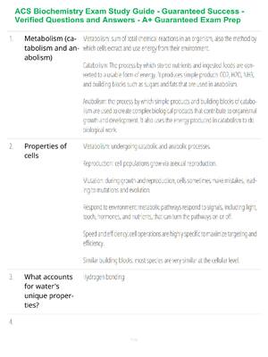 Preview of ACS Biochemistry Exam Study Guide - Guaranteed Success - Verified Questions and Answers -