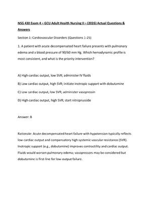 Preview of NSG 430 Exam 4 – GCU Adult Health Nursing II – (2026) Actual Questions & Answers