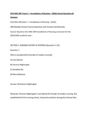 Preview of GCU NSG 300  Exam 1 – Foundations of Nursing – (2026) Actual Questions & Answers