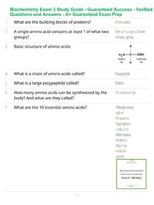 Preview of Biochemistry Exam 3 Study Guide - Guaranteed Success - Verified Questions and Answers - A+