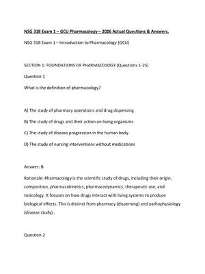 Preview of NSG 318 Exam 1 – GCU Pharmacology – 2026 Actual Questions & Answers.