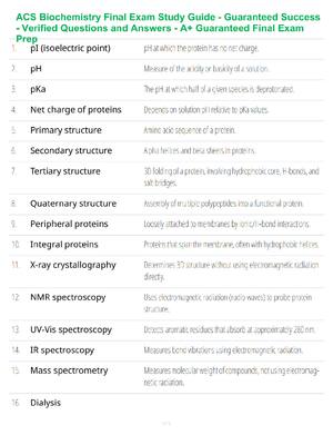 Preview of ACS Biochemistry Final Exam Study Guide - Guaranteed Success - Verified Questions and Answ