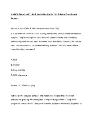 Preview of NSG 430 Exam 1 – GCU Adult Health Nursing II – (2026) Actual Questions & Answers