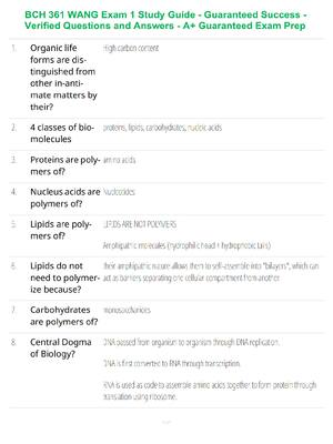 Preview of BCH 361 WANG Exam 1 Study Guide - Guaranteed Success - Verified Questions and Answers - A+