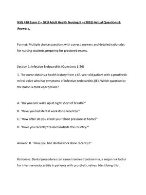 Preview of NSG 430 Exam 2 – GCU Adult Health Nursing II – (2026) Actual Questions & Answers.