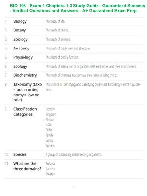 Preview of BIO 103 - Exam 1 Chapters 1-3 Study Guide - Guaranteed Success - Verified Questions and An