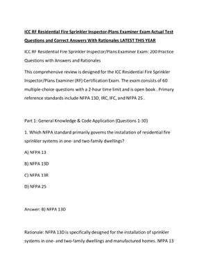 Preview of ICC RF Residential Fire Sprinkler Inspector-Plans Examiner Exam Actual Test Questions and