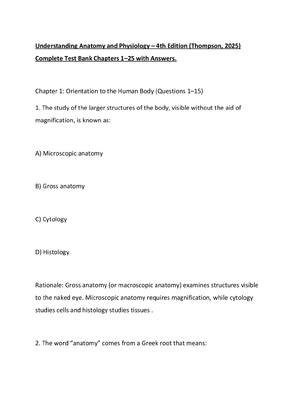 Preview of Understanding Anatomy and Physiology – 4th Edition (Thompson, 2025) Complete Test Bank Cha