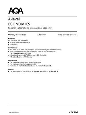 Preview of AQA A-level ECONOMICS Paper 2 National and International Economy 7136/2 June 2025 QP