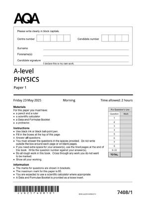Preview of AQA A-level PHYSICS Paper 1 7408/1 June 2025 QP