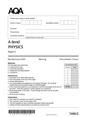 Preview of AQA A-level PHYSICS Paper 2 7408/2 June 2025