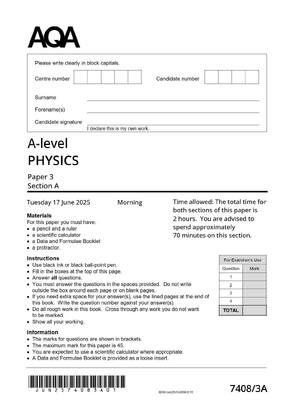 Preview of AQA -level PHYSICS Paper 3 7408/3А June 2025 QP