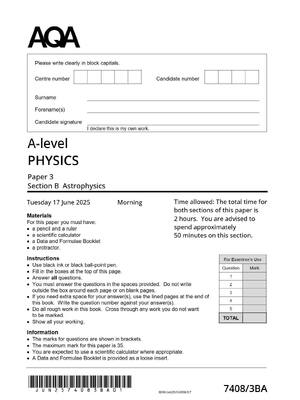 Preview of AQA A-level PHYSICS Paper 3 7408/3ВА JUNE 2025 QP