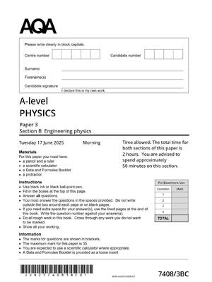 Preview of AQA A-level PHYSICS Paper 3 7408/3ВС JUNE 2025 QP
