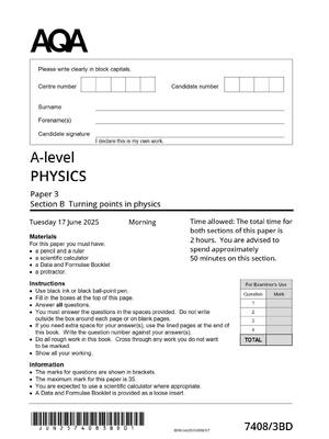 Preview of AQA A-level PHYSICS Paper 3 7408/3BD JUNE 2025 QP