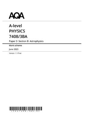 Preview image for AQA A-level PHYSICS 7408/3ВА Paper 3 Section B Astrophysics Mark scheme June 2025