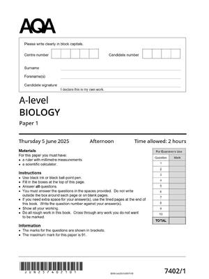 Preview image for AQA A-level BIOLOGY  Paper 1 7402/1  JUNE 2025 QP
