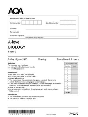 Preview image for AQA A-level BIOLOGY Paper 2 7402/2 June 2025 QP