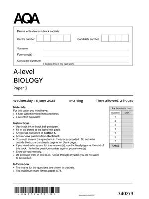 Preview image for AQA A-level BIOLOGY Paper 3 7402/3  June 2025 QP