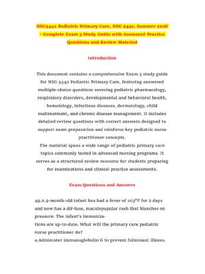 Preview of NSG5442 Pediatric Primary Care, NSG 5442, Summer 2026 – Complete Exam 3 Study Guide with A
