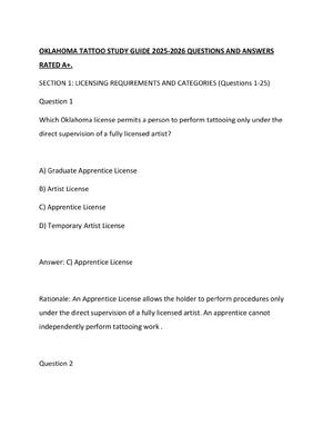 Preview of OKLAHOMA TATTOO STUDY GUIDE 2025-2026 QUESTIONS AND ANSWERS RATED A+.