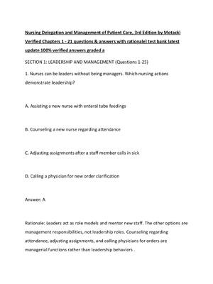 Preview of Nursing Delegation and Management of Patient Care, 3rd Edition by Motacki  Verified Chapte