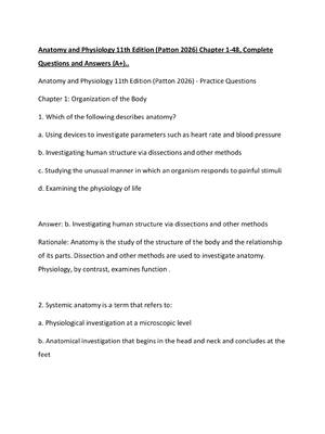 Preview of Anatomy and Physiology 11th Edition (Patton 2026) Chapter 1-48, Complete Questions and Ans