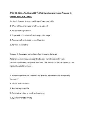 Preview of TNCC 9th Edition Final Exam 100 Verified Questions and Correct Answers  A+ Graded  2025-20
