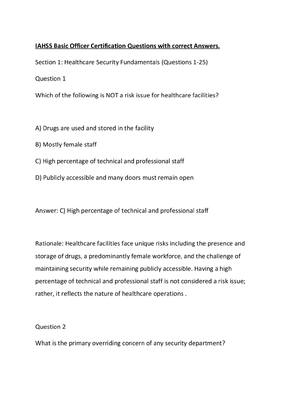 Preview of IAHSS Basic Officer Certification Questions with correct Answers.