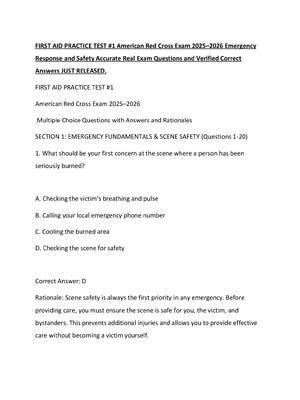 Preview of FIRST AID PRACTICE TEST #1 American Red Cross Exam 2025–2026 Emergency Response and Safety