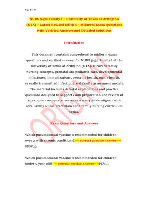 Preview of NURS 5432 Family I – University of Texas at Arlington (UTA) – Latest Revised Edition – Midterm Exam Questions with Verified Answers and Detailed Solutions
