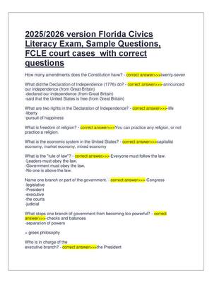 Preview of 2025/2026 version Florida Civics  Literacy Exam, Sample Questions,  FCLE court cases  with