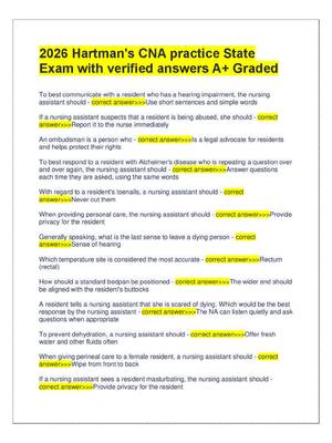 Preview of 2026 Hartman's CNA practice State  Exam with verified answers A+ Graded