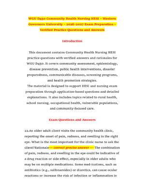 Preview of WGU D450 Community Health Nursing HESI – Western Governors University – 2026–2027 Exam Pre