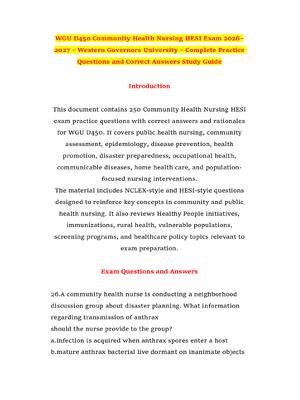 Preview of WGU D450 Community Health Nursing HESI Exam 2026–2027 – Western Governors University – Complete Practice Questions and Correct Answers Study Guide